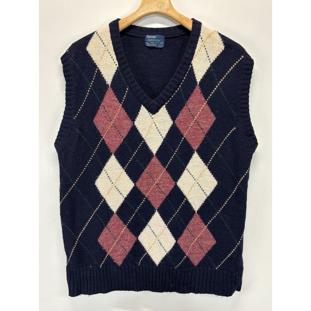 Vtg Arrow Argyle Sweater Vest Sz 1X Mens Navy Sleeveless Preppy 80s Academia